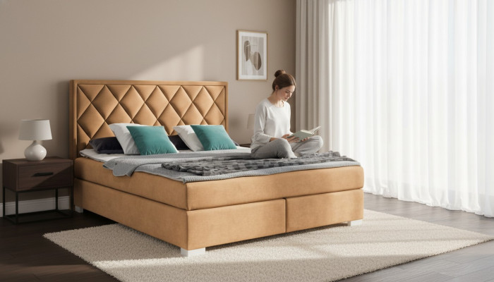 Luksusowe łóżko sprężynowe Łóżko Materiał Hotel Beige łóżko Sypialnia Meble Design Double
