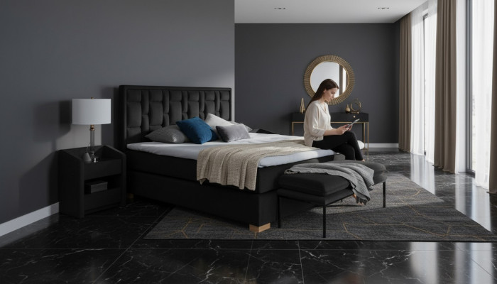 Luksusowe łóżko z materacem sprężynowym Czarny Blue Sypialnia Meble Design Double Hotel