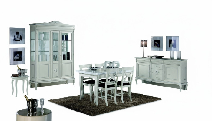 Design jadalnia Zestaw Ustaw 7-częściowy Drewno Meble Kredens 4x Krzesło Tabela Gablota Nowość