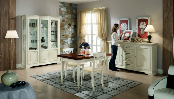 Design jadalnia Zestaw Ustaw 5-częściowy Drewno Meble Kredens 2x Krzesło Tabela Gablota Nowość