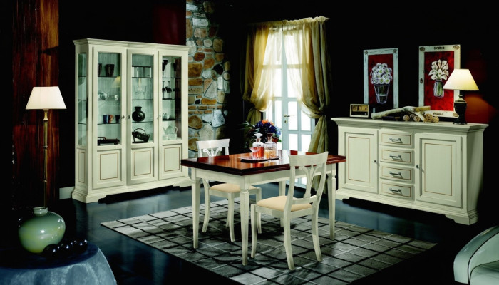 Design jadalnia Zestaw Ustaw 5-częściowy Drewno Meble Kredens 2x Krzesło Tabela Gablota Nowość