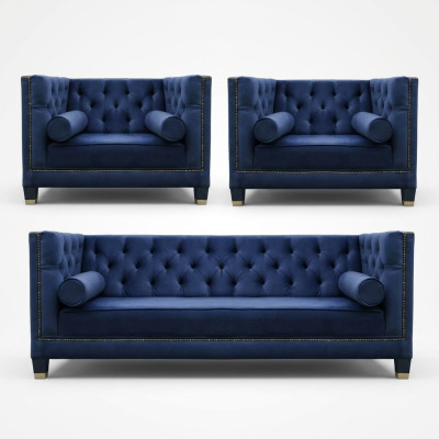 Chesterfield Blue Zestaw sofowy 3-częściowy zestaw Kanapa Obcios Siedziba Podkładka Grupa