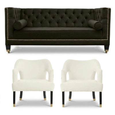 Chesterfield+2 Fotel Czarny Biały XXL Duże Włókiennicze Kanapy Materiałowe Kreatywne
