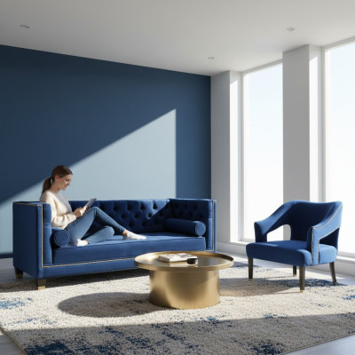 Luksusowy zestaw wypoczynkowy Chesterfield w kolorze niebieskim Fotel + zestaw trzyosobowy 3+1+1