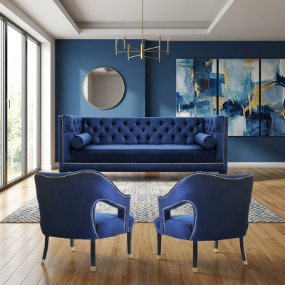 Luksusowy zestaw wypoczynkowy Chesterfield w kolorze niebieskim Fotel + zestaw trzyosobowy 3+1+1