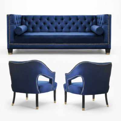 Luksusowy zestaw wypoczynkowy Chesterfield w kolorze niebieskim Fotel + zestaw trzyosobowy 3+1+1
