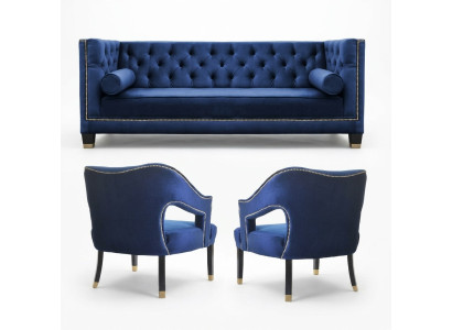 Luksusowy zestaw wypoczynkowy Chesterfield w kolorze niebieskim Fotel + zestaw trzyosobowy 3+1+1