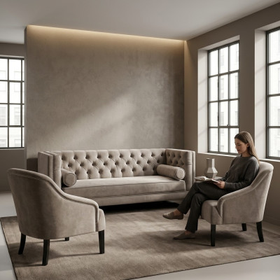 Chesterfield Beżowy Fotel Luksusowe Meble Obcios Włókienniczy Materiał Kanapy Grupa Nowość