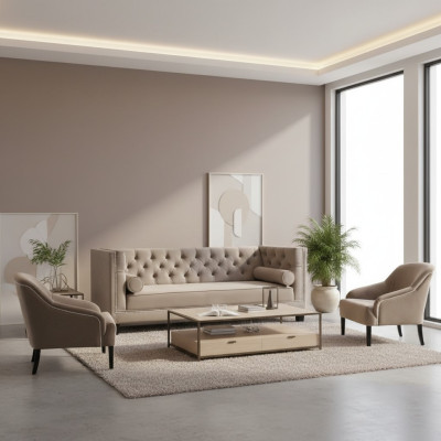 Chesterfield Beżowy Fotel Luksusowe Meble Obcios Włókienniczy Materiał Kanapy Grupa Nowość