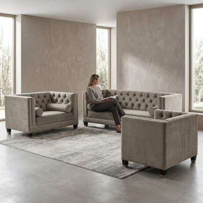 Beżowy Zestaw sofowy Chesterfield Fotel Luxus Meble Włókienniczy Materiał Salon Nowy
