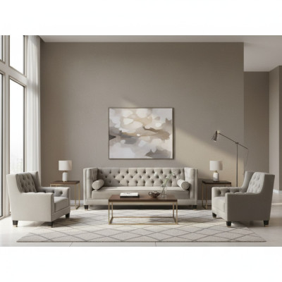 Beżowy Zestaw sofowy Chesterfield Fotel Luxus Meble Włókienniczy Materiał Salon Nowy