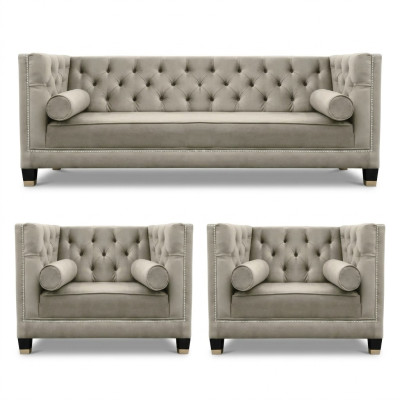 Beżowy Zestaw sofowy Chesterfield Fotel Luxus Meble Włókienniczy Materiał Salon Nowy