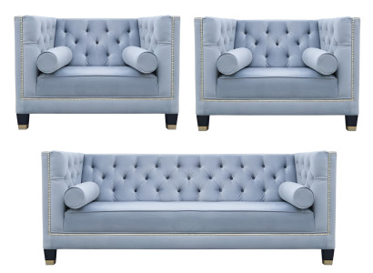 Niebieski Zestaw sofowy Chesterfield Fotel Kreative Meble Włókiennicze Materiał Salon Nowy