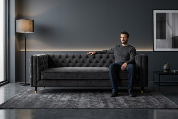 Czarna Sofa Chesterfield Big Luxury Meble 4 miejsca do siedzenia Włókiennicze Kanapy Materiałowe