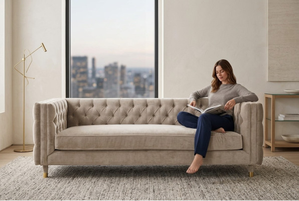 Beżowe Meble 4 miejsce do siedzenia Chesterfield Sofa Aksamit XXL Duże Włókiennicze Kanapy Materiałowe