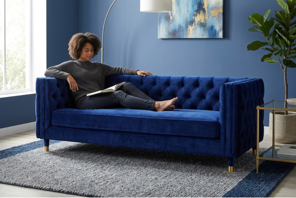 Niebieska Sofa Chesterfield Big Designer 4-miejsce do siedzenia Nowe Włókiennicze Materiałowe Kanapy