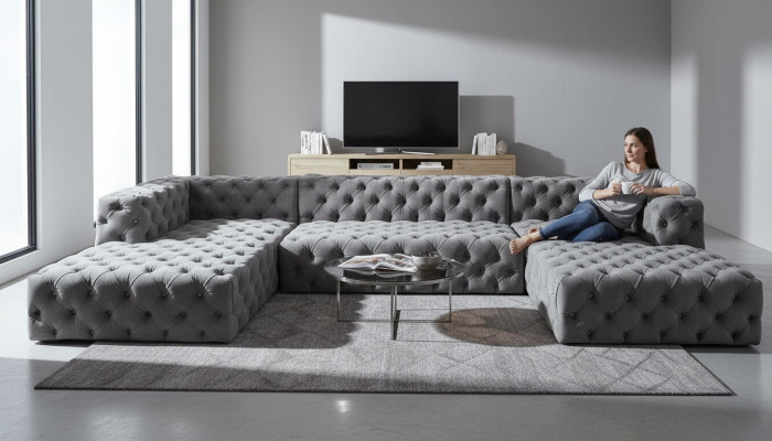 Sofa Chesterfield U Shape szara XXL duża materiał włókienniczy Couchen Luxus Meble Podkładka
