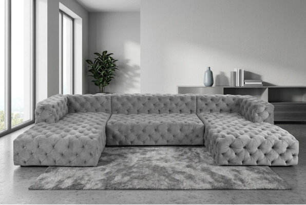 Sofa Chesterfield U Shape szara XXL duża materiał włókienniczy Couchen Luxus Meble Podkładka
