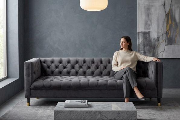 Antracytowa Sofa Chesterfield Creative Meble 4-miejsce do siedzenia Sofy Włókiennicze Kanapy