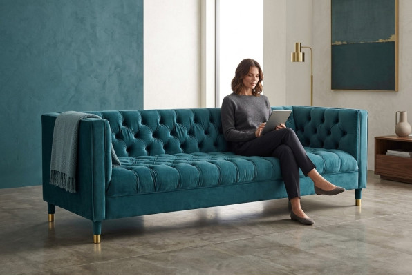 Chesterfield Sofa Blue Sofy Włókienniczy Materiał Kanapy Meble 4-miejsce do siedzenia