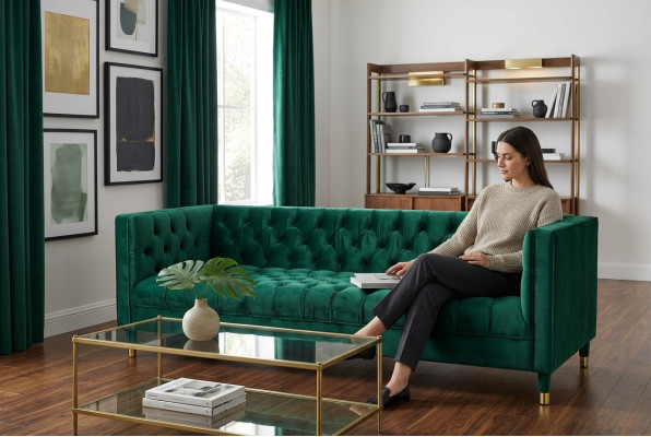 Green Chesterfield 4-miejsce do siedzenia Luksusowa Sofa Włókienniczy Materiał Kanapy