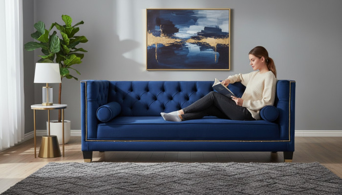 Trzyosobowe, materiałowe kanapy do salonu Blue Chesterfield