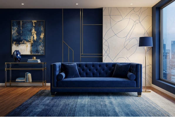 Trzyosobowe, materiałowe kanapy do salonu Blue Chesterfield