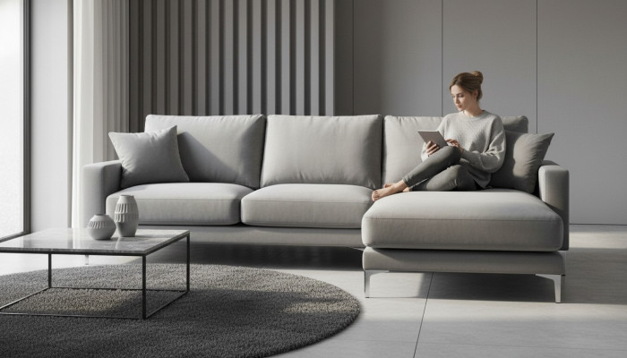 Pokój dzienny Narożnikowa kanapa Szara xxl Duże Meble Creative Textill Materiał Sofy Chesterfield