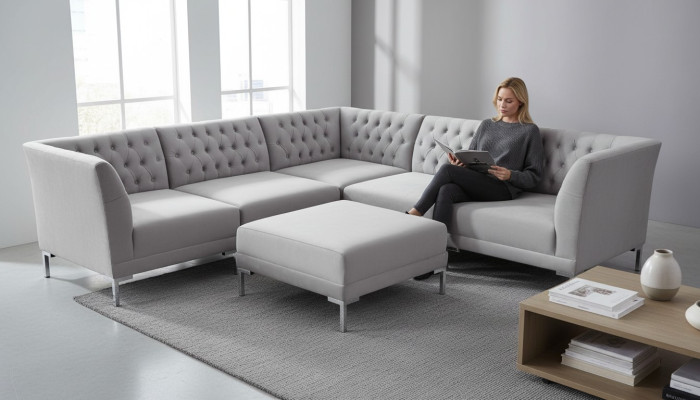 Szare Sofy Chesterfield Luksusowe Meble Nowe Narożnikowa kanapa Stołek Szary Duży Materiał Textill