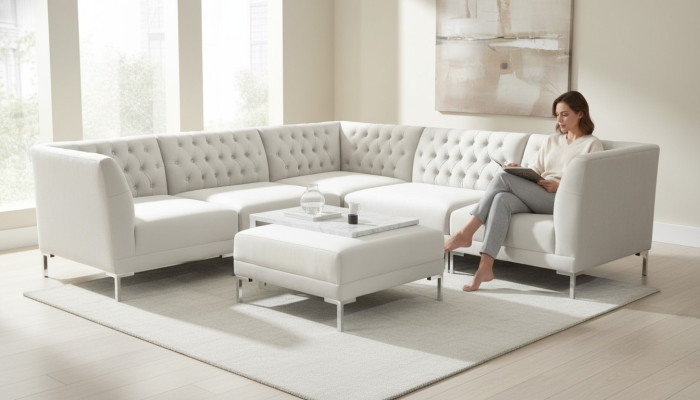 Narożnikowa kanapa Stołek Creme Biały Big Textill Materiał Chesterfield Sofy Luxury Meble 2-częściowe.