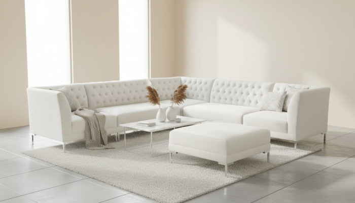 Narożnikowa kanapa Stołek Creme Biały Big Textill Materiał Chesterfield Sofy Luxury Meble 2-częściowe.