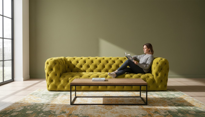 Żółta kanapa Chesterfield czteroosobowa xxl duża sofa wygodne miękkie kanapy nowe