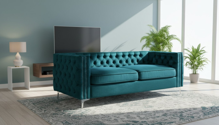 turkusowa kanapa Chesterfield luksusowa kanapa Aksamit Materiał komplet wypoczynkowy Przyciski Podkładka nowość