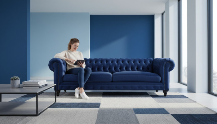 Chesterfield Trzyosobowy Niebieski Nowy Salon Nowoczesne Kreatywne Meble Włókiennicze Materiał