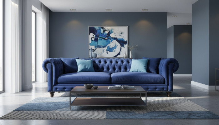 Chesterfield Trzyosobowy Niebieski Nowy Salon Nowoczesne Kreatywne Meble Włókiennicze Materiał