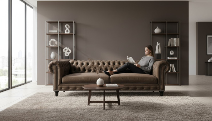 Chesterfield Brown Nowy Salon Nowoczesny Trzyosobowy Creative Meble Włókienniczy Materiał