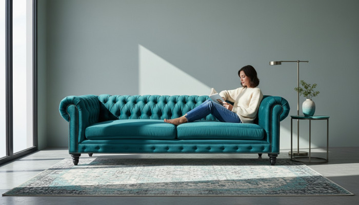 Chesterfield Trzyosobowy Creative Meble Włókiennicze Materiał Teal Living Room Modern
