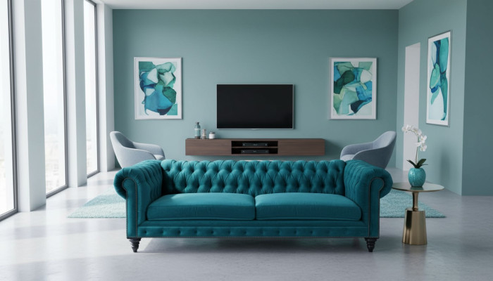 Chesterfield Trzyosobowy Creative Meble Włókiennicze Materiał Teal Living Room Modern