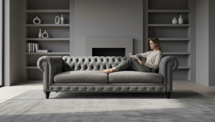 Trzyosobowy Chesterfield Creative Meble Włókiennicze Materiał Szary Nowy Salon Nowoczesny