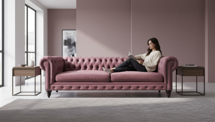 Chesterfield Creative Meble Włókiennicze Materiał Różowa Sofa do Salonu Nowoczesna Trzyosobowa Sofa