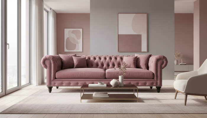 Chesterfield Creative Meble Włókiennicze Materiał Różowa Sofa do Salonu Nowoczesna Trzyosobowa Sofa