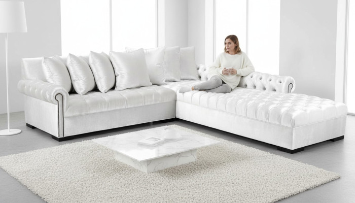 Sofa Narożnikowa kanapa Biała Materiał Chesterfield Design Kanapy Podkładka Sofy Luksusowe Meble