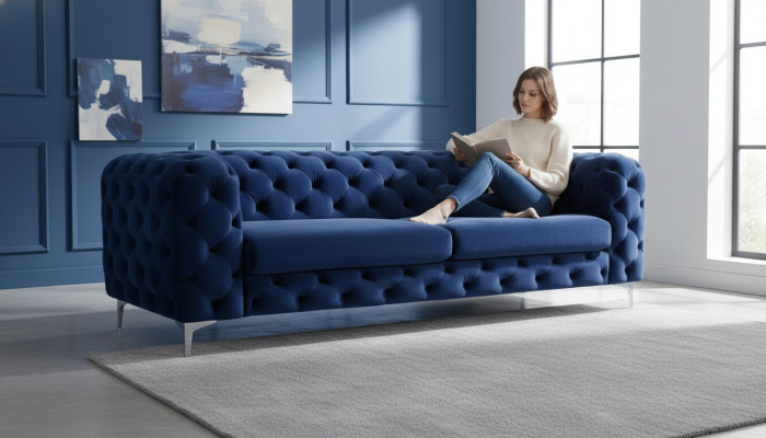 Chesterfield trzyosobowa niebieska sofa do salonu, nowoczesne meble z aksamitu tekstylnego.
