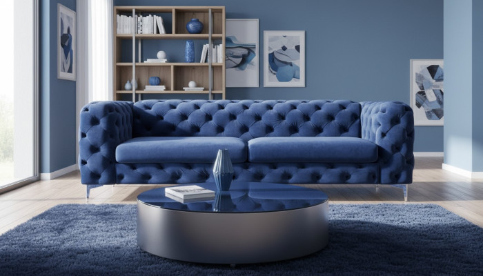 Chesterfield trzyosobowa niebieska sofa do salonu, nowoczesne meble z aksamitu tekstylnego.