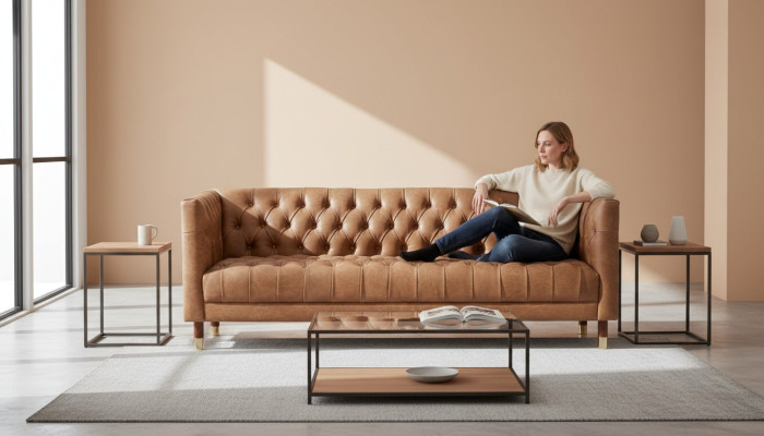 Chesterfield Sofa trzyosobowa skóra brązowa xxl duże meble do nowoczesnego salonu.