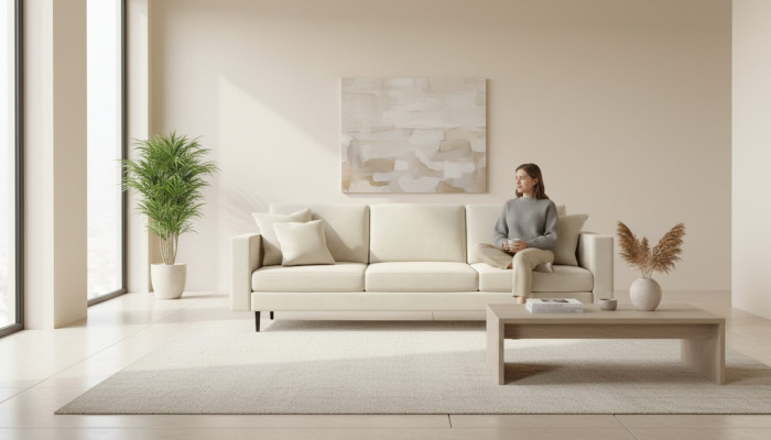 Beżowa sofa czteromiejscowa materiałowy design w stylu salonowym Sofy nowoczesne w obiciu materiałowym