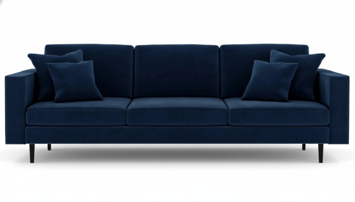 Niebieska czteromiejscowa kanapa z tkaniny w nowoczesnym stylu do salonu. Sofa z pikowanymi poduchami. Sofy wykonane z weluru.