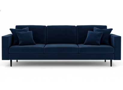 Niebieska czteromiejscowa kanapa z tkaniny w nowoczesnym stylu do salonu. Sofa z pikowanymi poduchami. Sofy wykonane z weluru.