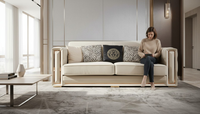 Sofa Chesterfield Beżowa Skóra Luksusowy Projekt Salonu Kanapy Podkładka