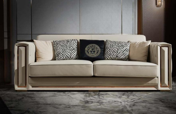 Sofa Chesterfield Beżowa Skóra Luksusowy Projekt Salonu Kanapy Podkładka